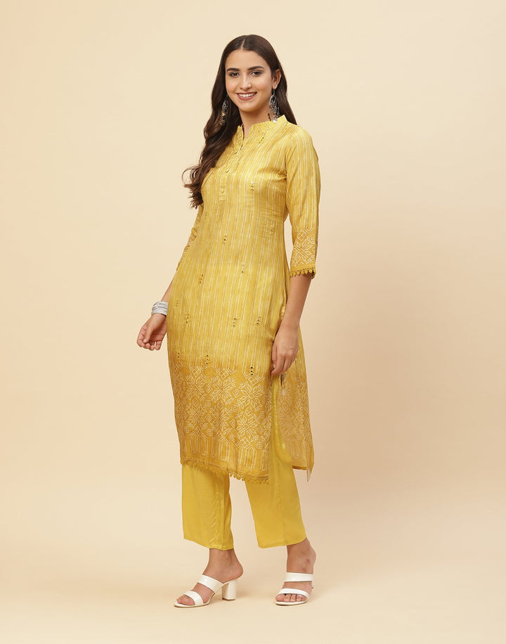Printed Mirror Work Cotton Muslin Kurti With Pant