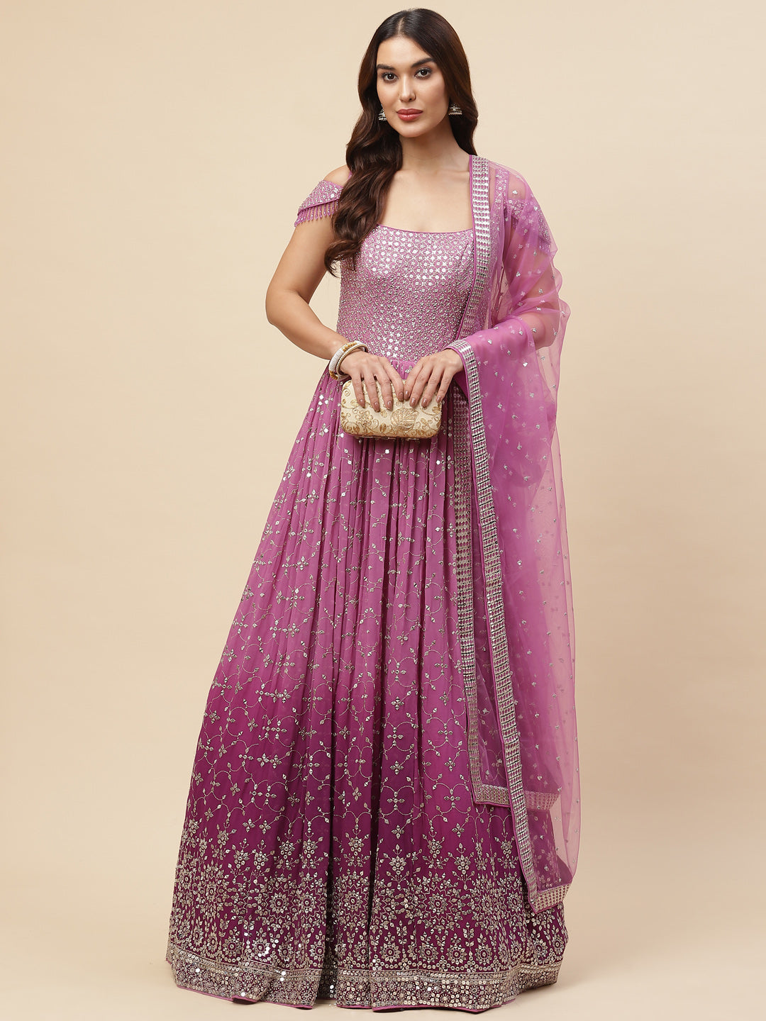 Sequin Embroidered Georgette Kurta With Churidar &amp; Dupatta