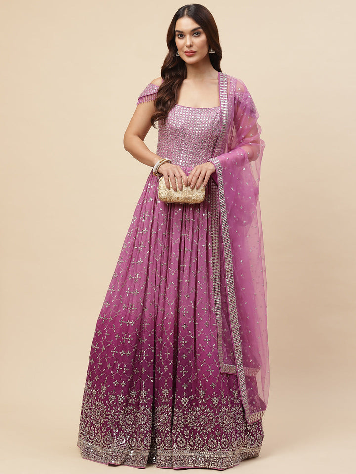 Sequin Embroidered Georgette Kurta With Churidar &amp; Dupatta