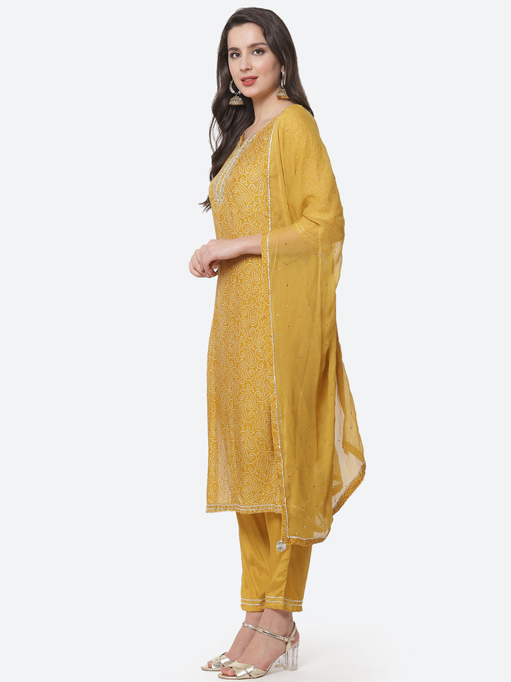 Bandhani Printed Cotton Muslin Stitched Salwar Kameez With Chiffon Dupatta