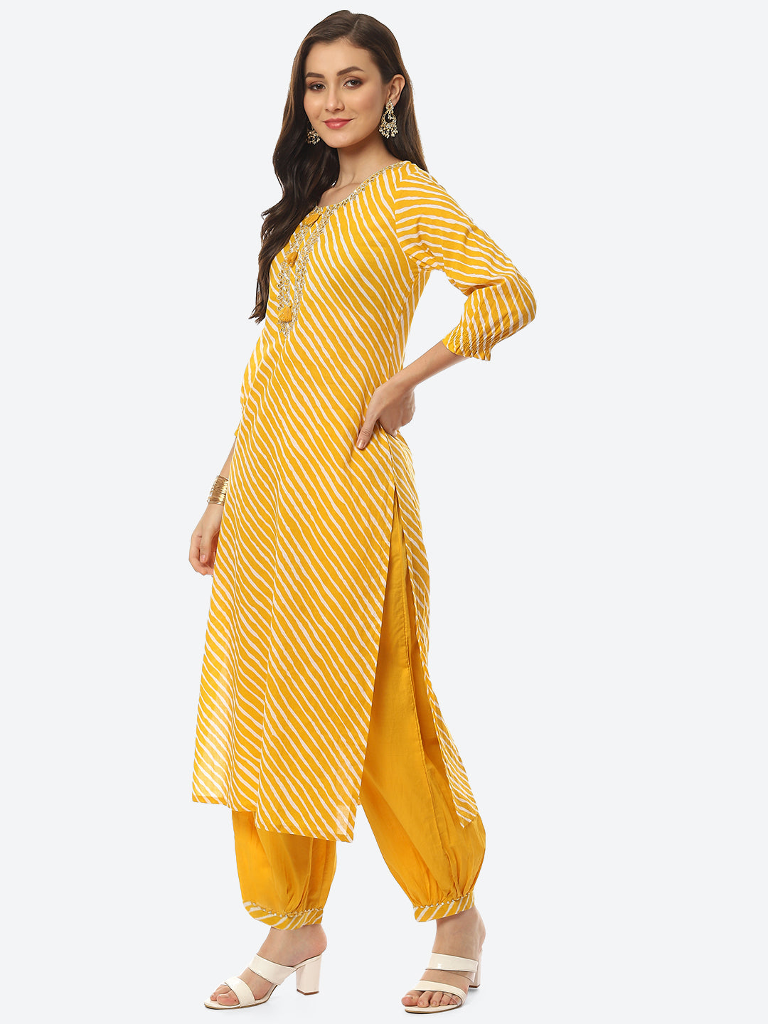 Printed Neck Embroidered Cotton Kurta With Pant