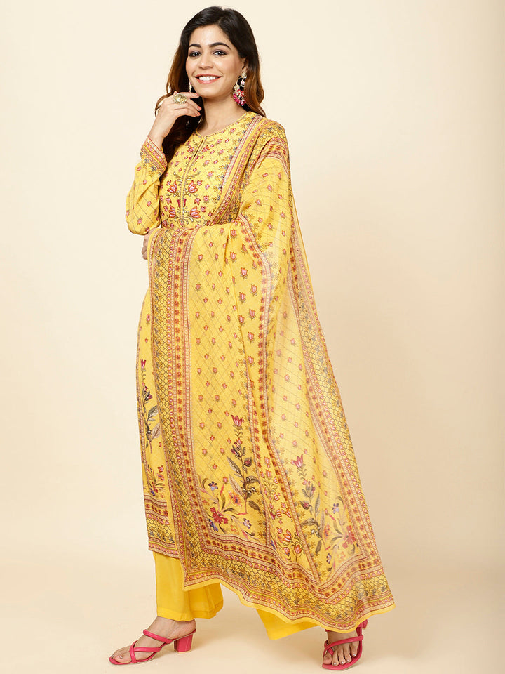 Digital Floral Printed Crepe Kurta With Palazzo &amp; Dupatta