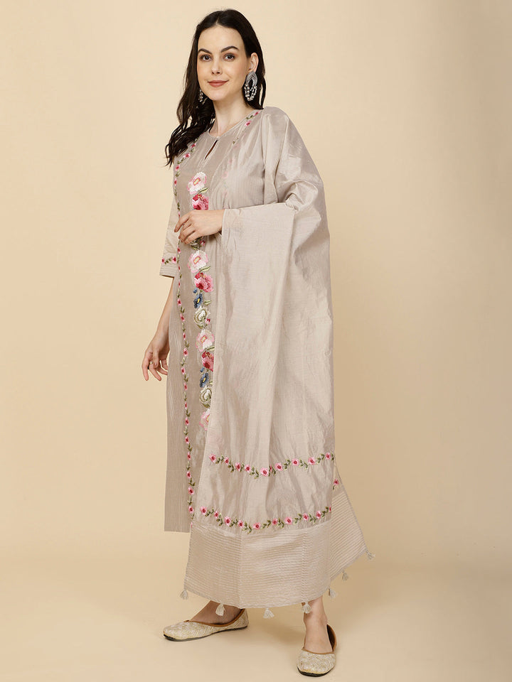 Resham &amp; Panel Embroidery Cotton Suit Set With Dupatta