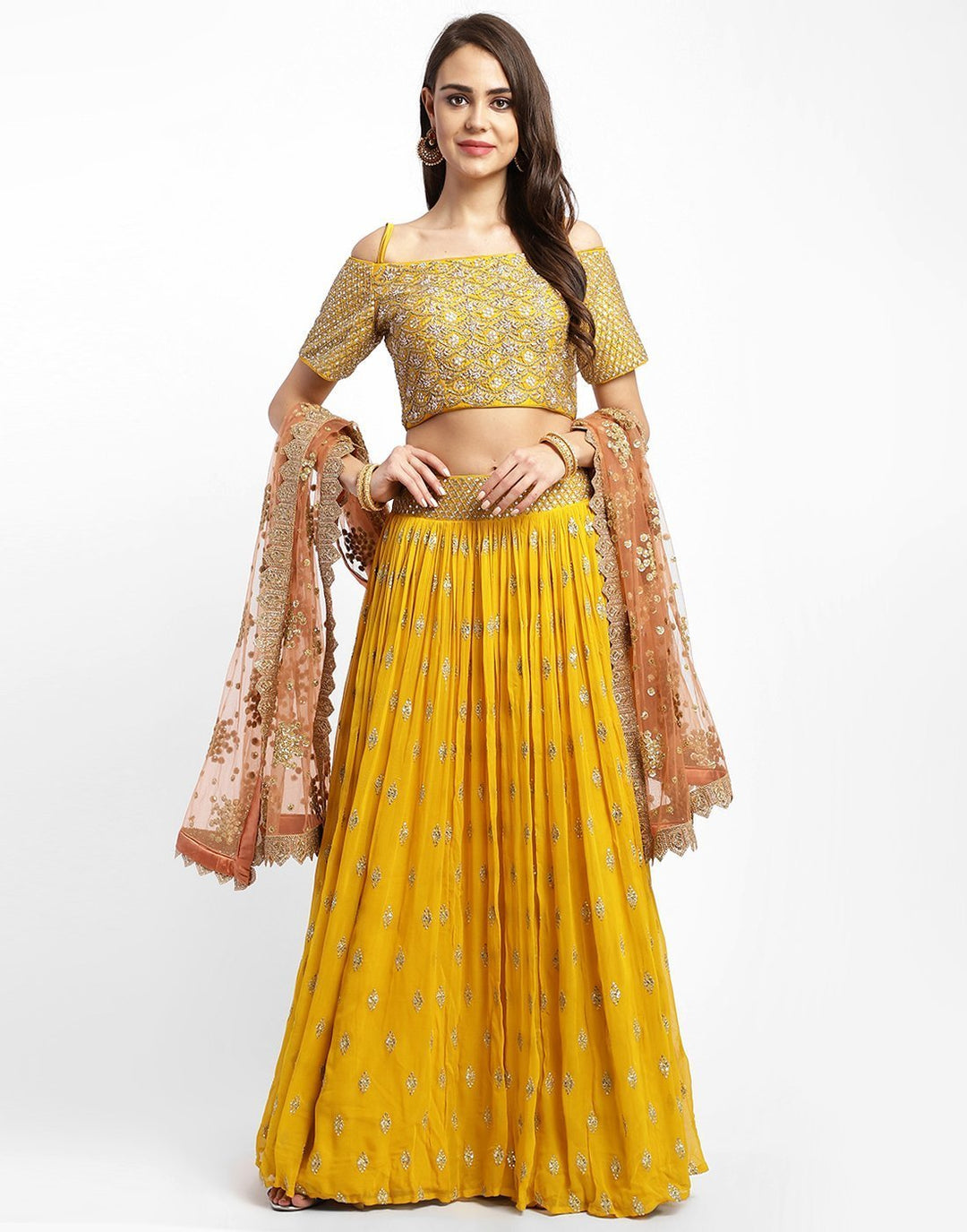 MBZ Meena Bazaar-Elegant Rani Georgette Stitched Lehenga with Net Mustard Dupatta