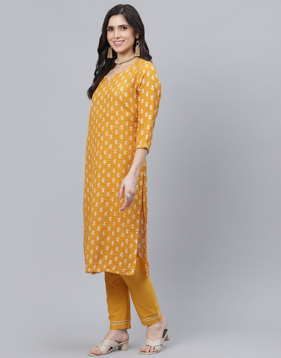 Printed Cotton Kurti Pant Set with Sequin Detail