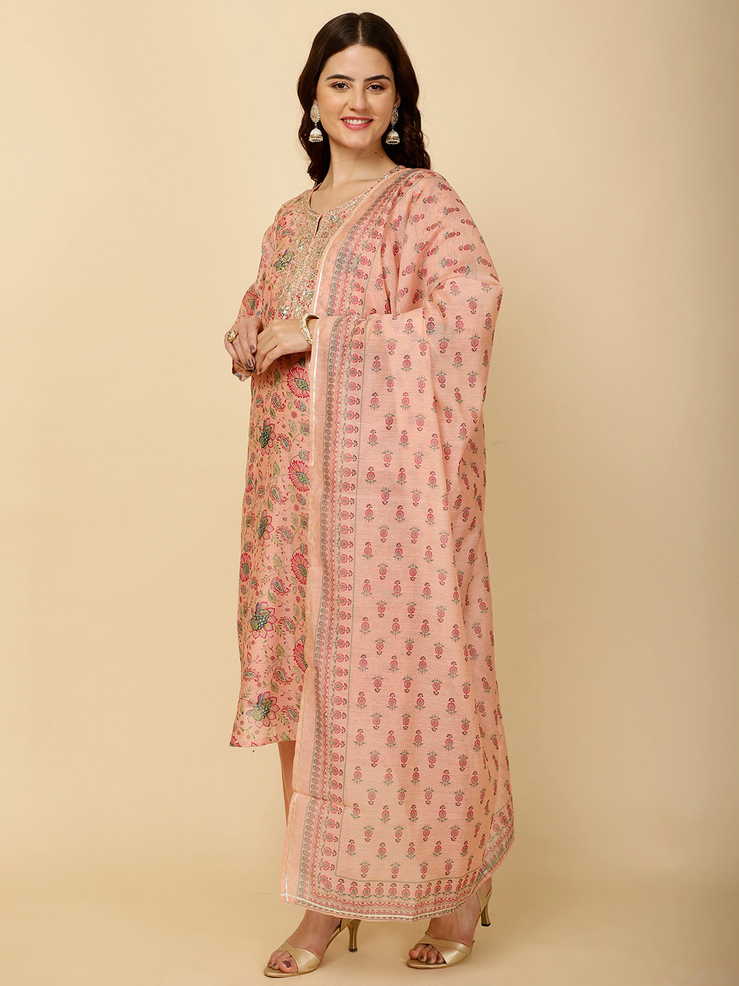 Floral Printed Chanderi Kurta With Pants &amp; Dupatta