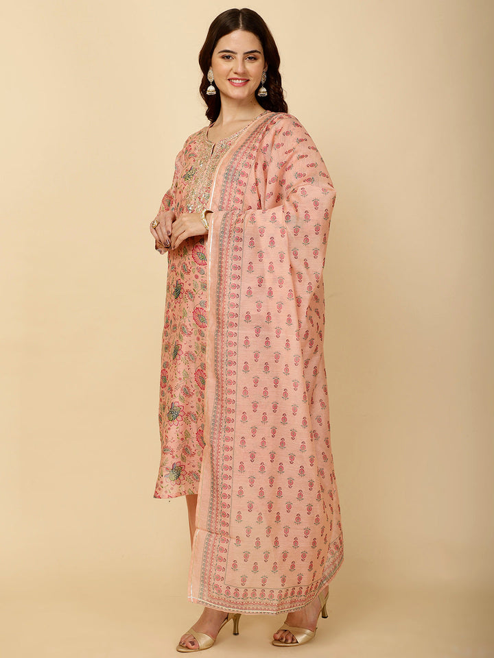 Floral Printed Chanderi Kurta With Pants &amp; Dupatta