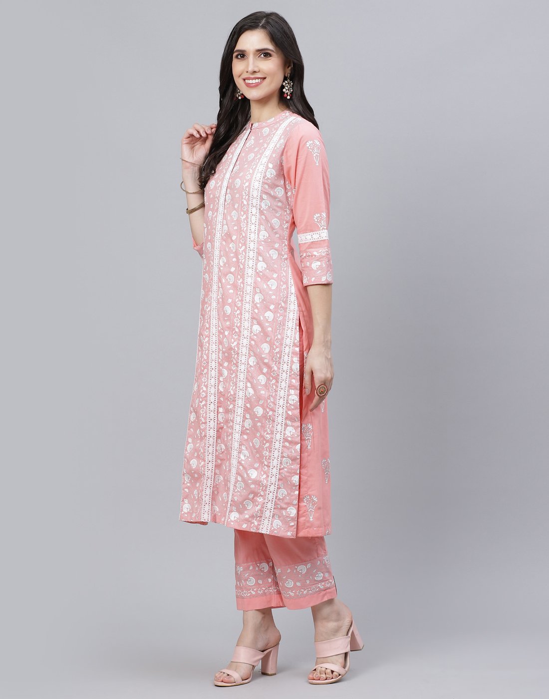Printed Cotton Kurti Pant Set with Lace Detail