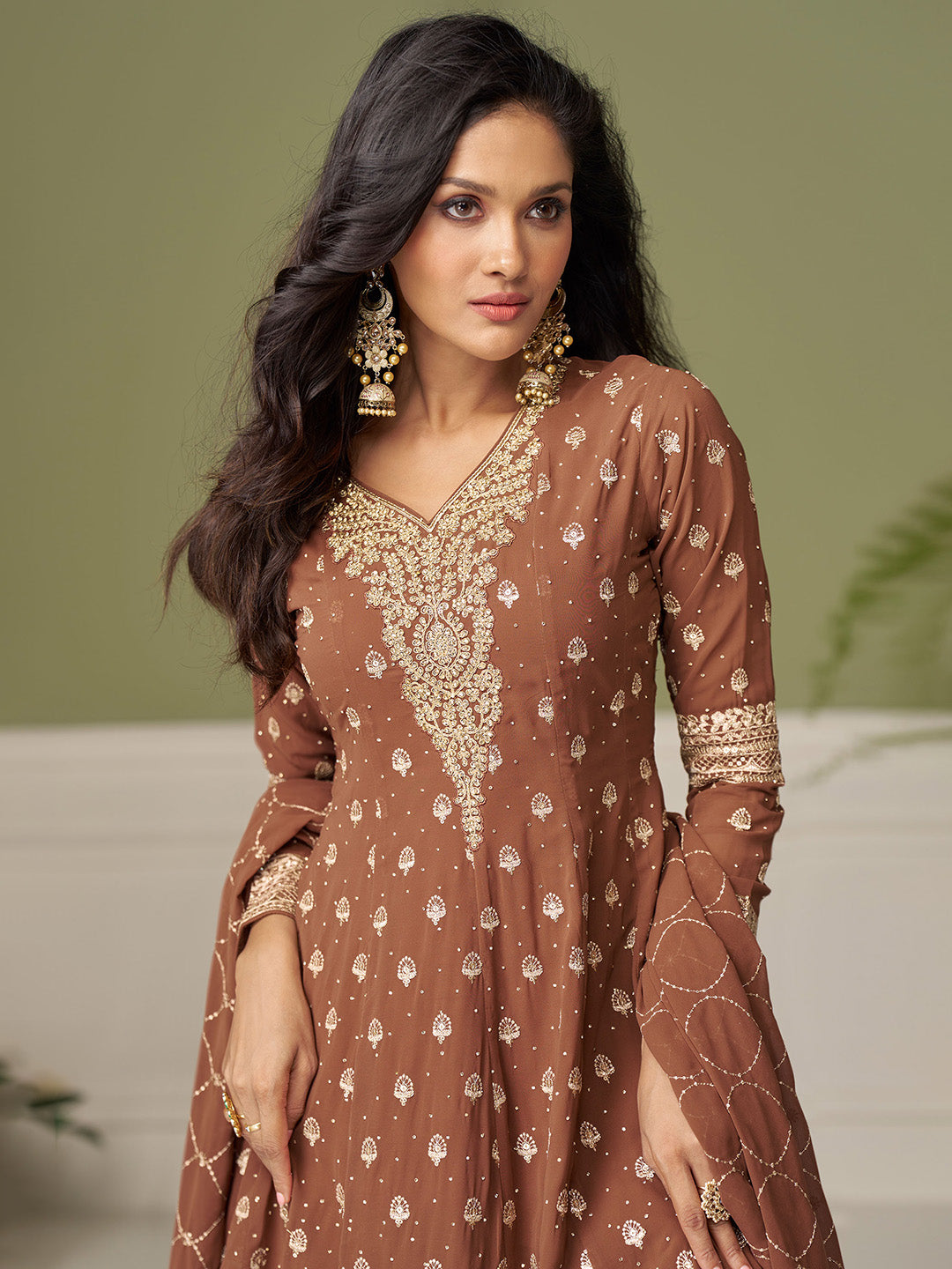 Embroidered Geogrette Kurta With Plazzo &amp; Dupatta
