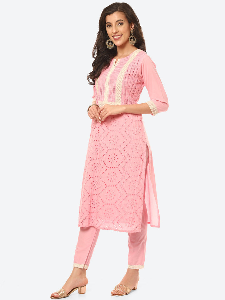 Cut Work Cotton Kurta With Pant