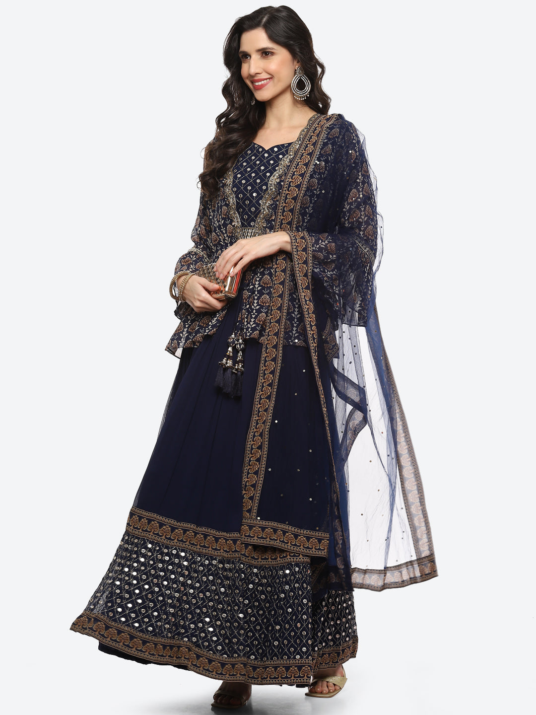 Resham Embroidered Georgette Choli Jacket With Lehenga &amp; Dupatta