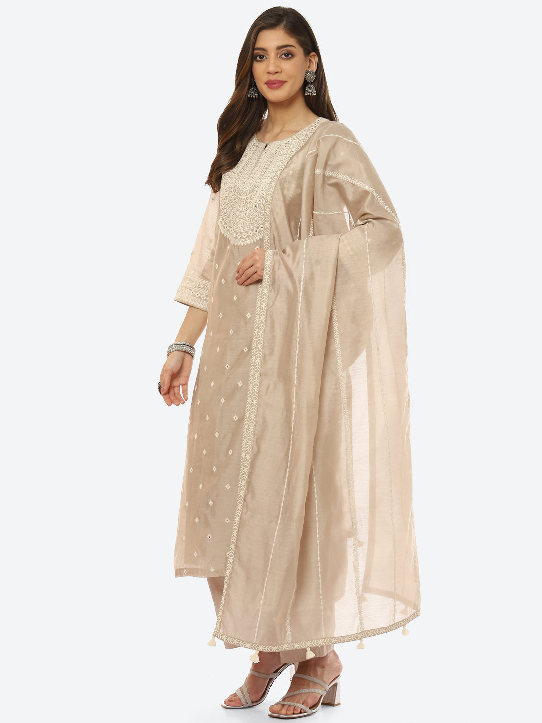 Resham Neck Booti Cotton Kurta With Pant &amp; Dupatta