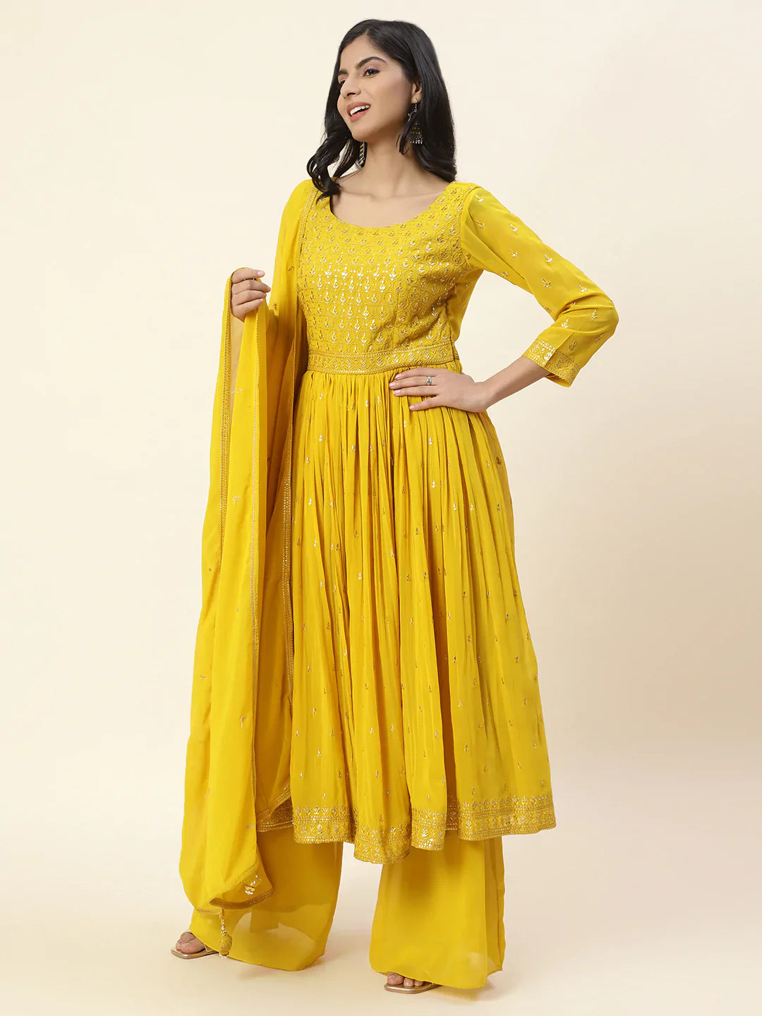 Resham Sequin Embroidered Georgette Kurta With Palazzo &amp; Dupatta
