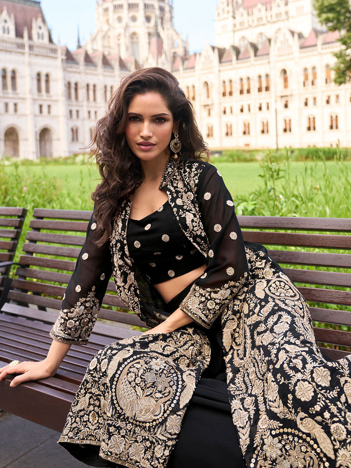Embroidered Georgette Choli &amp; Plazzo With Jacket