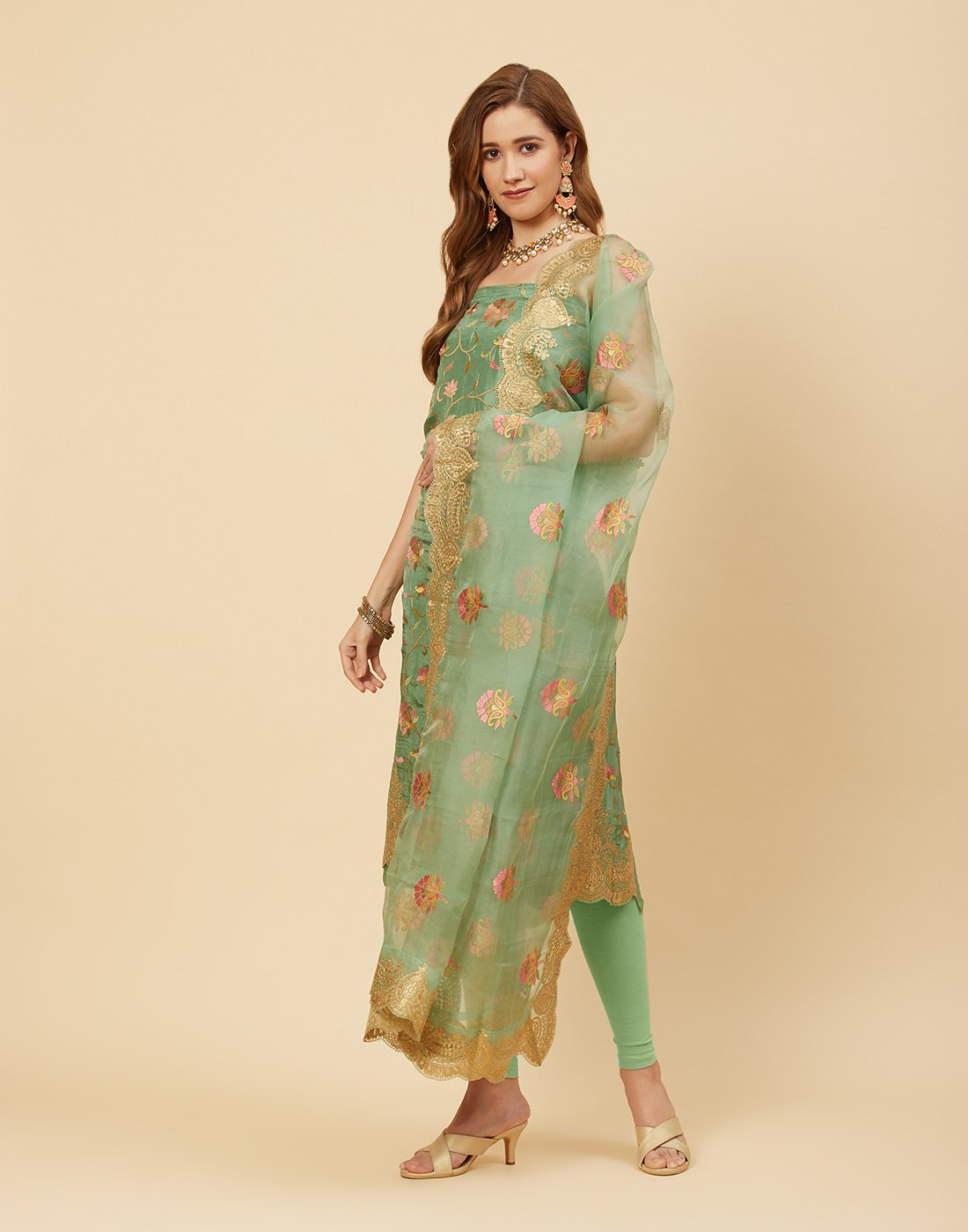 Embroidered Art Handloom Dupion Suit Piece With Organza Dupatta