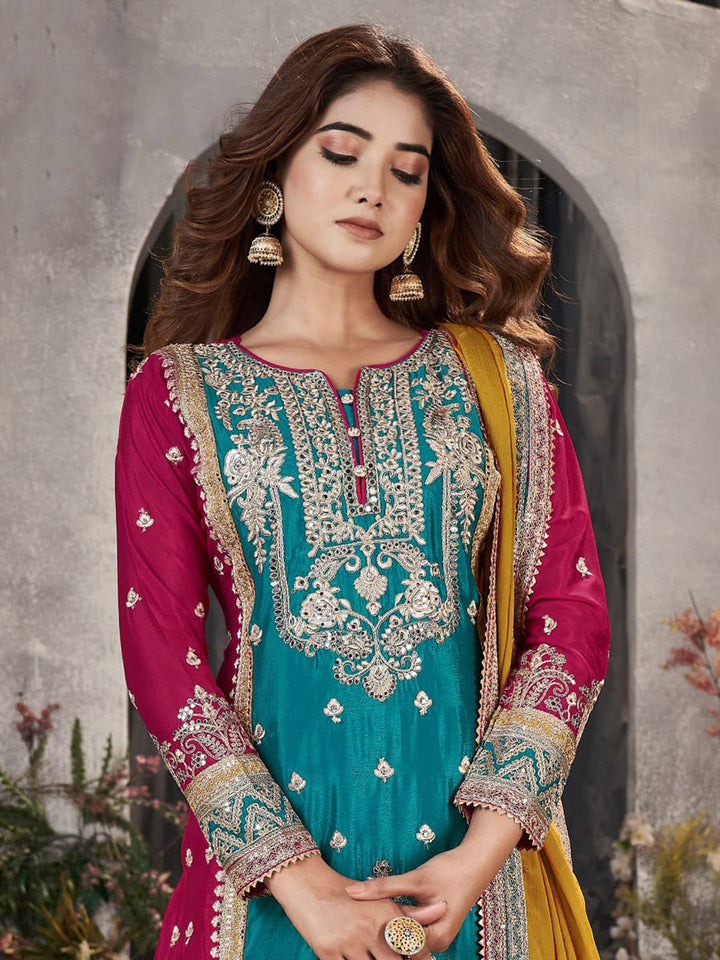 Embroidered Chinon Kurta With Plazzo &amp; Dupatta