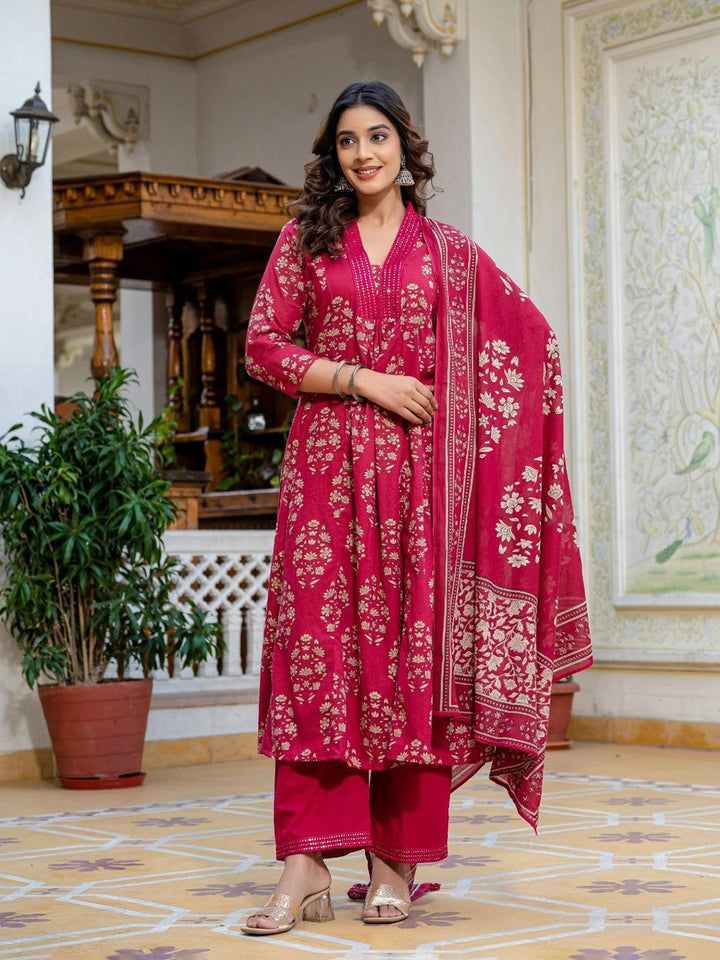 Wine Cotton Blend Printed Straight Suit Set
