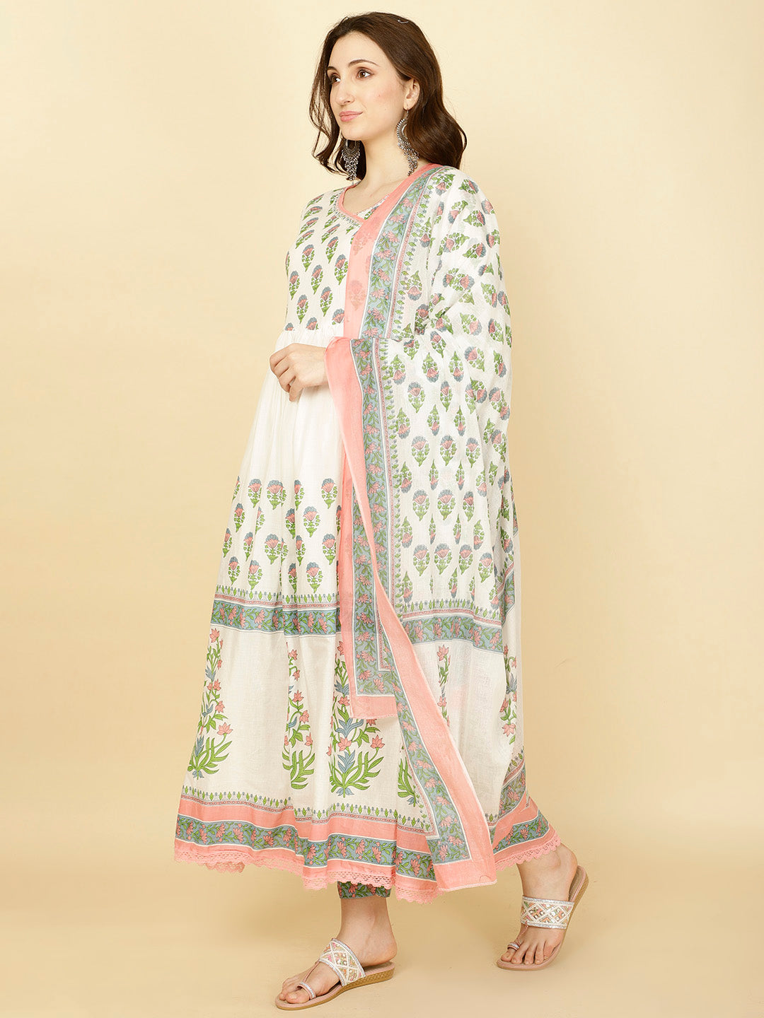 Floral Printed Cotton Kurta With Pants &amp; Dupatta