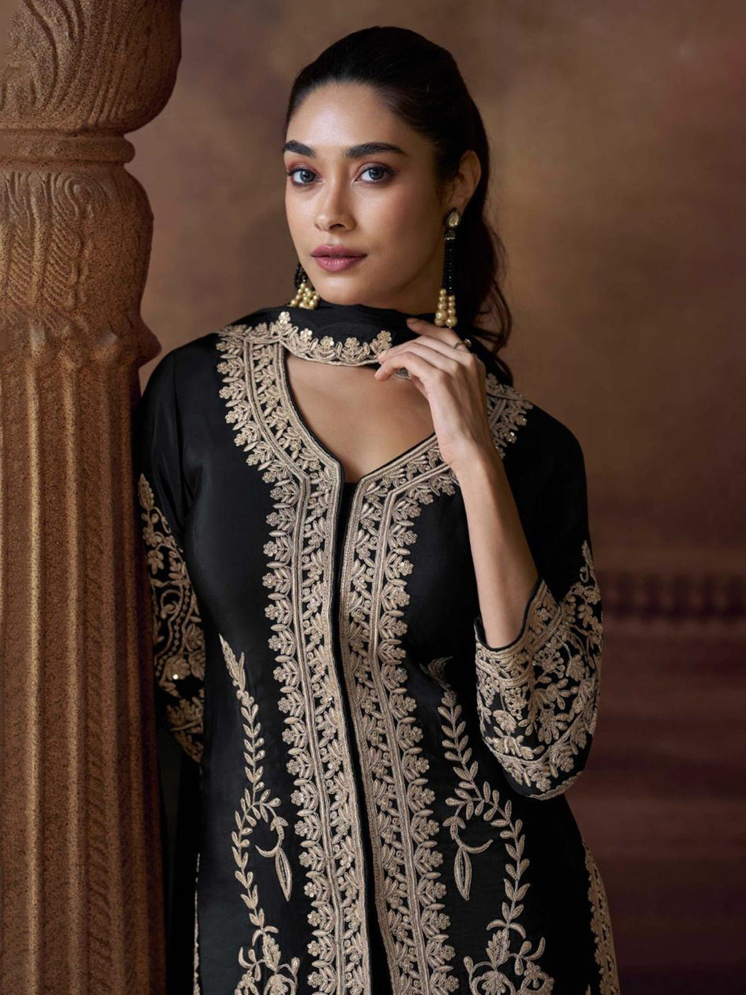 Embroidered Chinon Suit With Pant &amp; Dupatta
