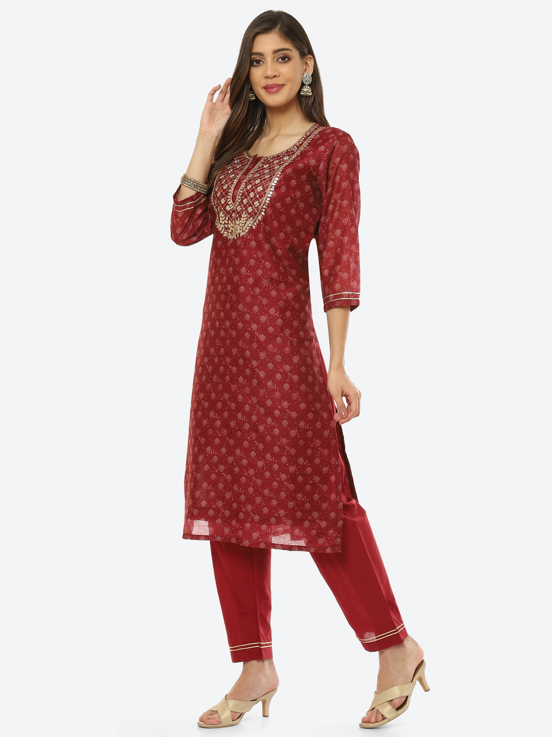 Gota Neck Printed Chanderi Kurta With Pant