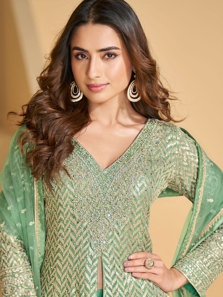 Embroidered Georgette Suit With Plazzo &amp; Dupatta