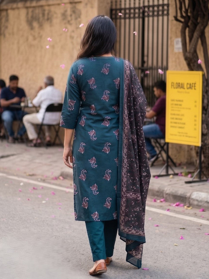 Neck Embroidered Cotton Blend Kurta With Pant &amp; Dupatta