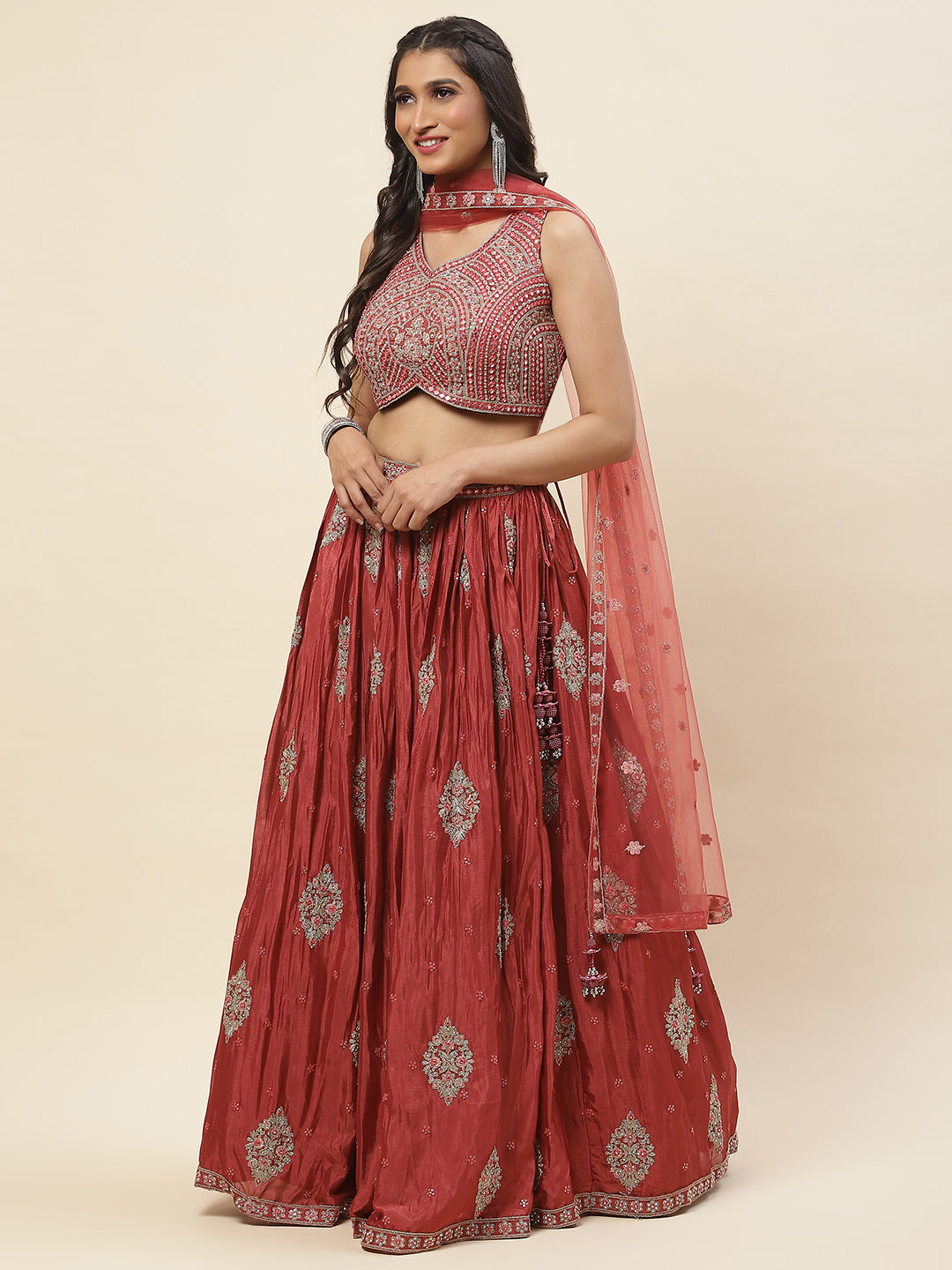 All Over Embroidered Crepe Choli With Lehenga &amp; Dupatta