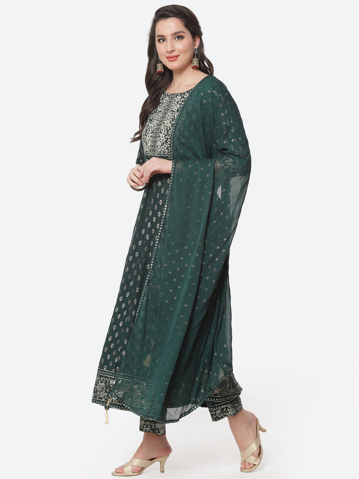 Printed Zari Neck Cotton Stitched Anarkali Salwar Kameez With Chiffon Dupatta
