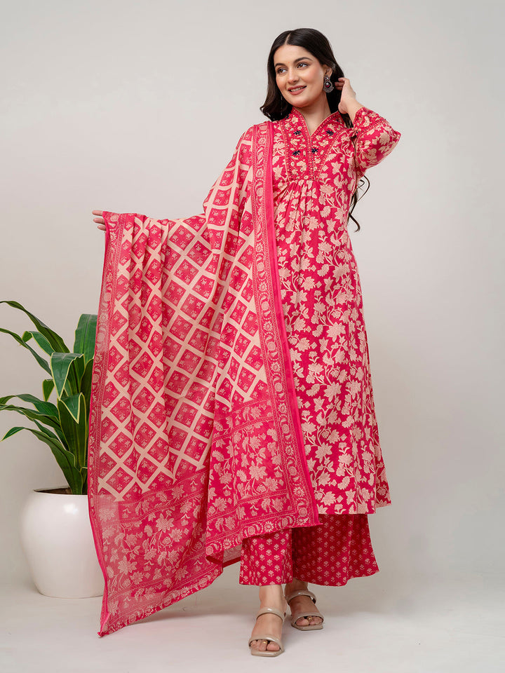 Floral Parinted Cotton Kurta With Pants &amp; Dupatta