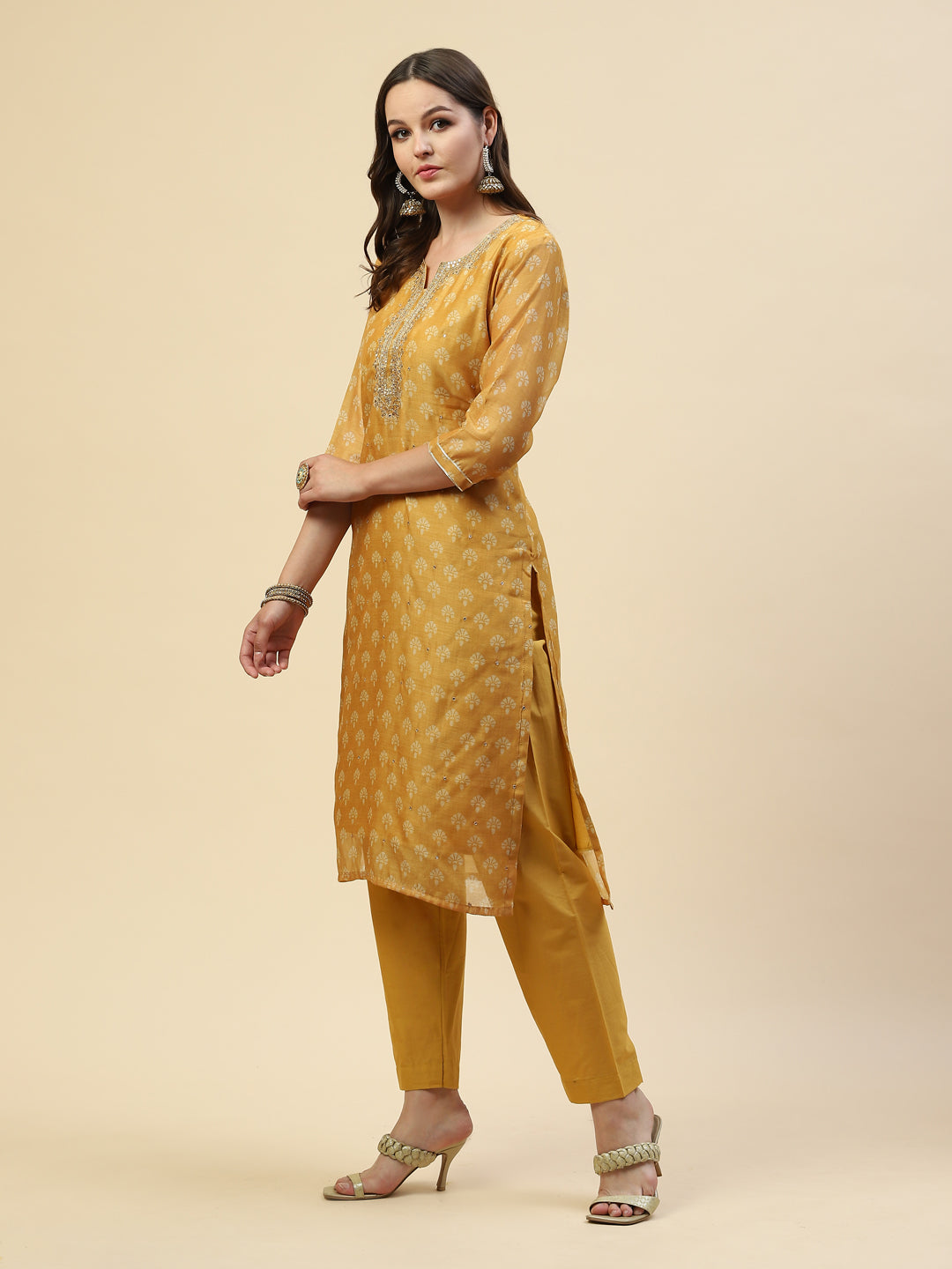 Neck Embroidered Chanderi Kurta With Pants