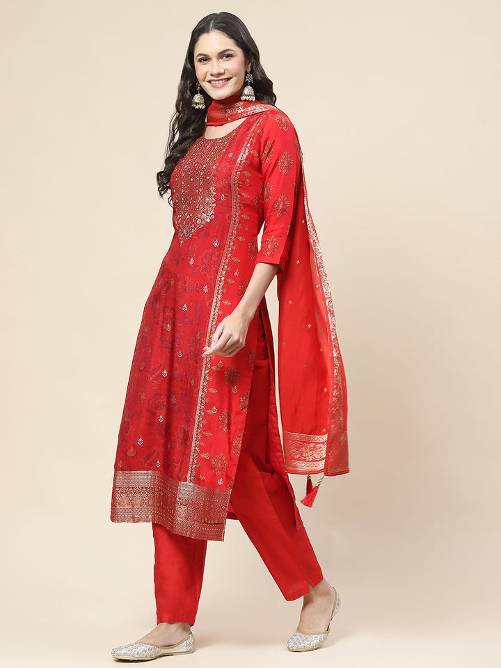 Floral Printed Handloom Kurta With Pants &amp; Dupatta