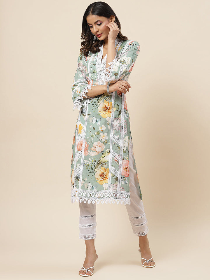 Floral Printed Cotton Kurta With Pants