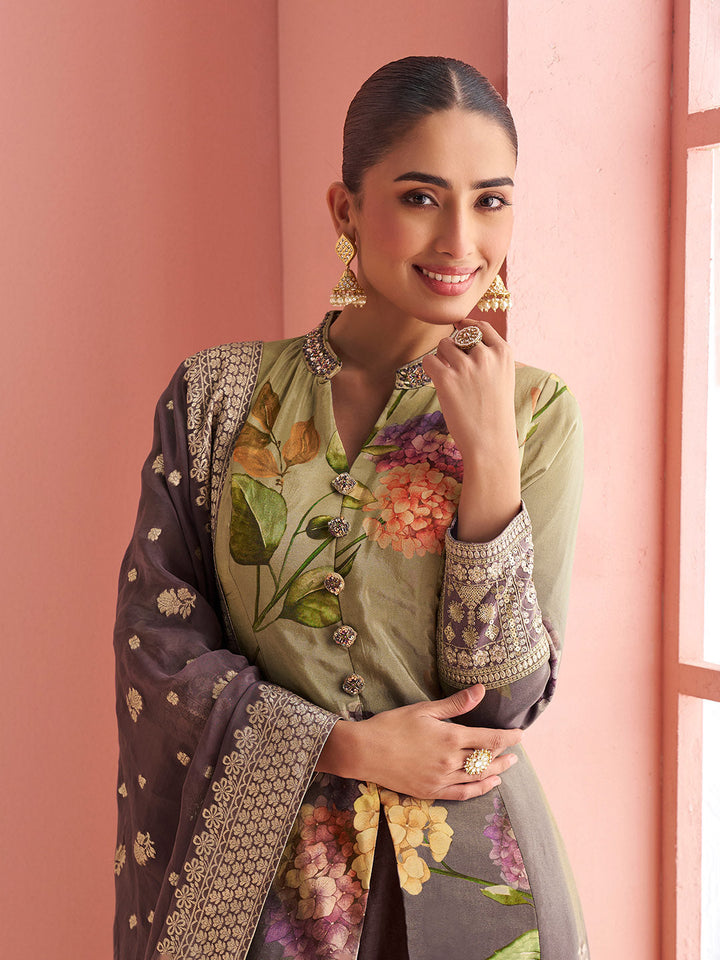 Embroidered Silk Suit With Pant &amp; Dupatta