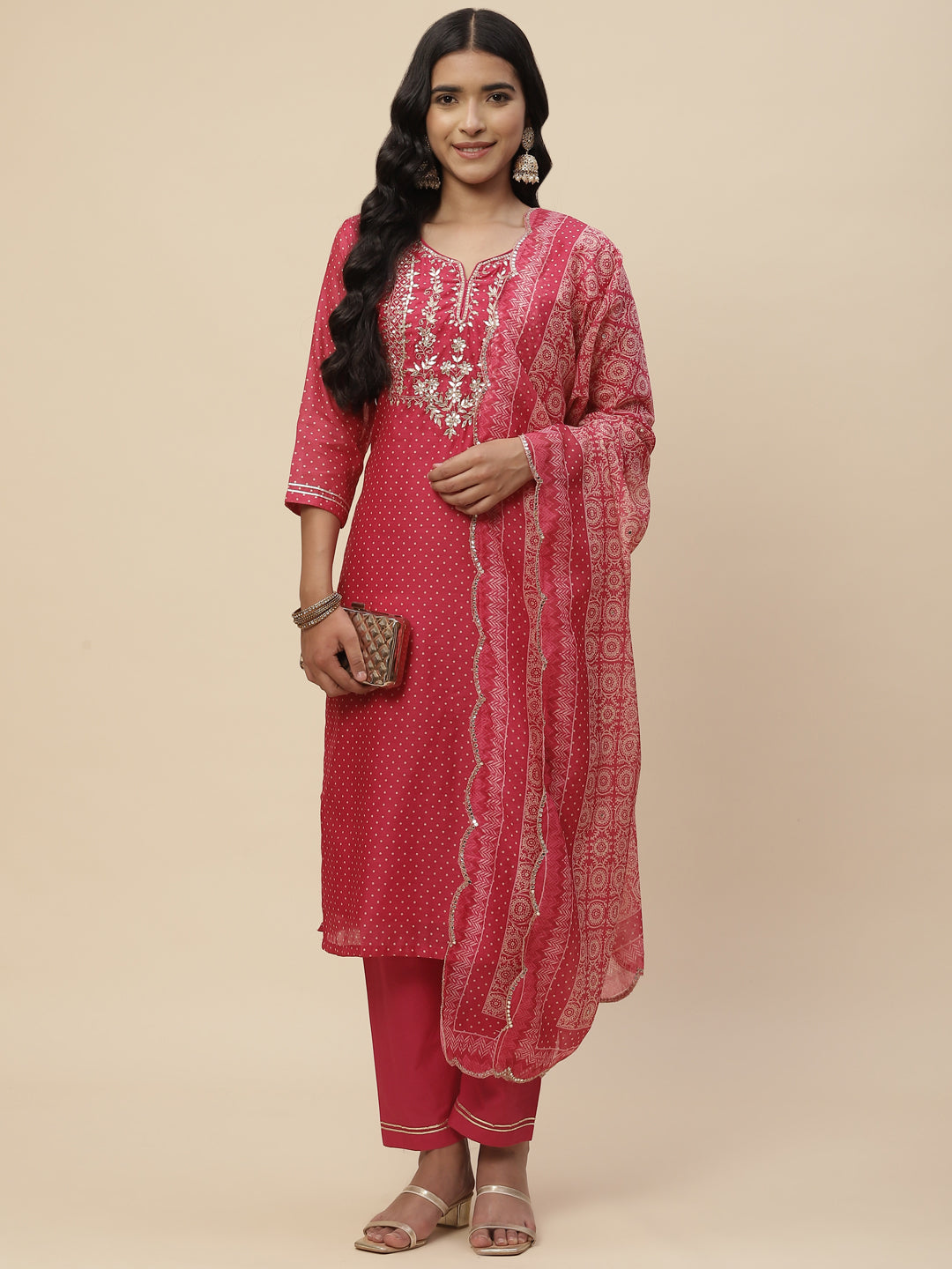 Zari Neck Embroidered Chanderi Kurta With Pants &amp; Dupatta