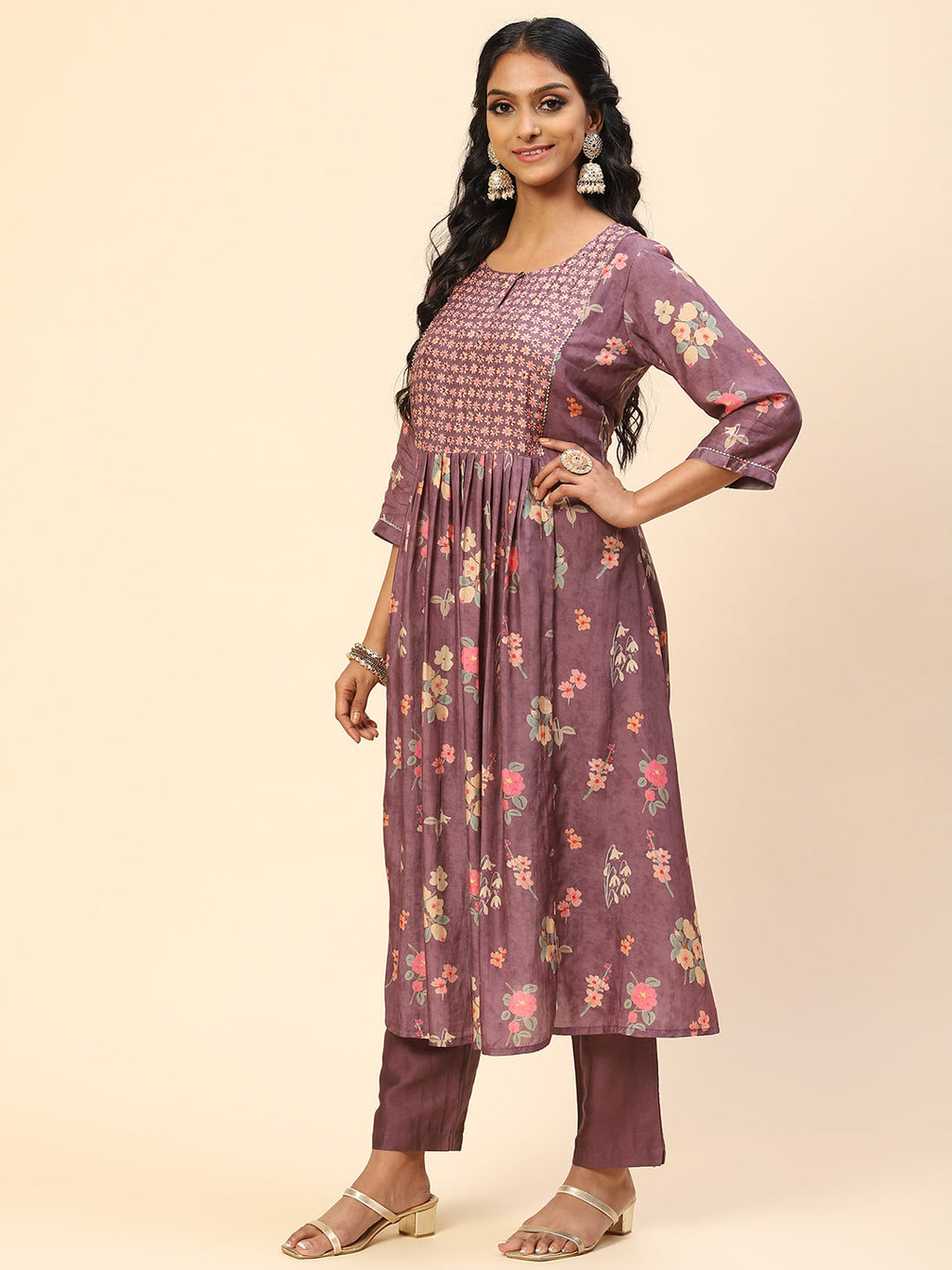 Floral Printed Embroidered Cotton Kurta With Pants