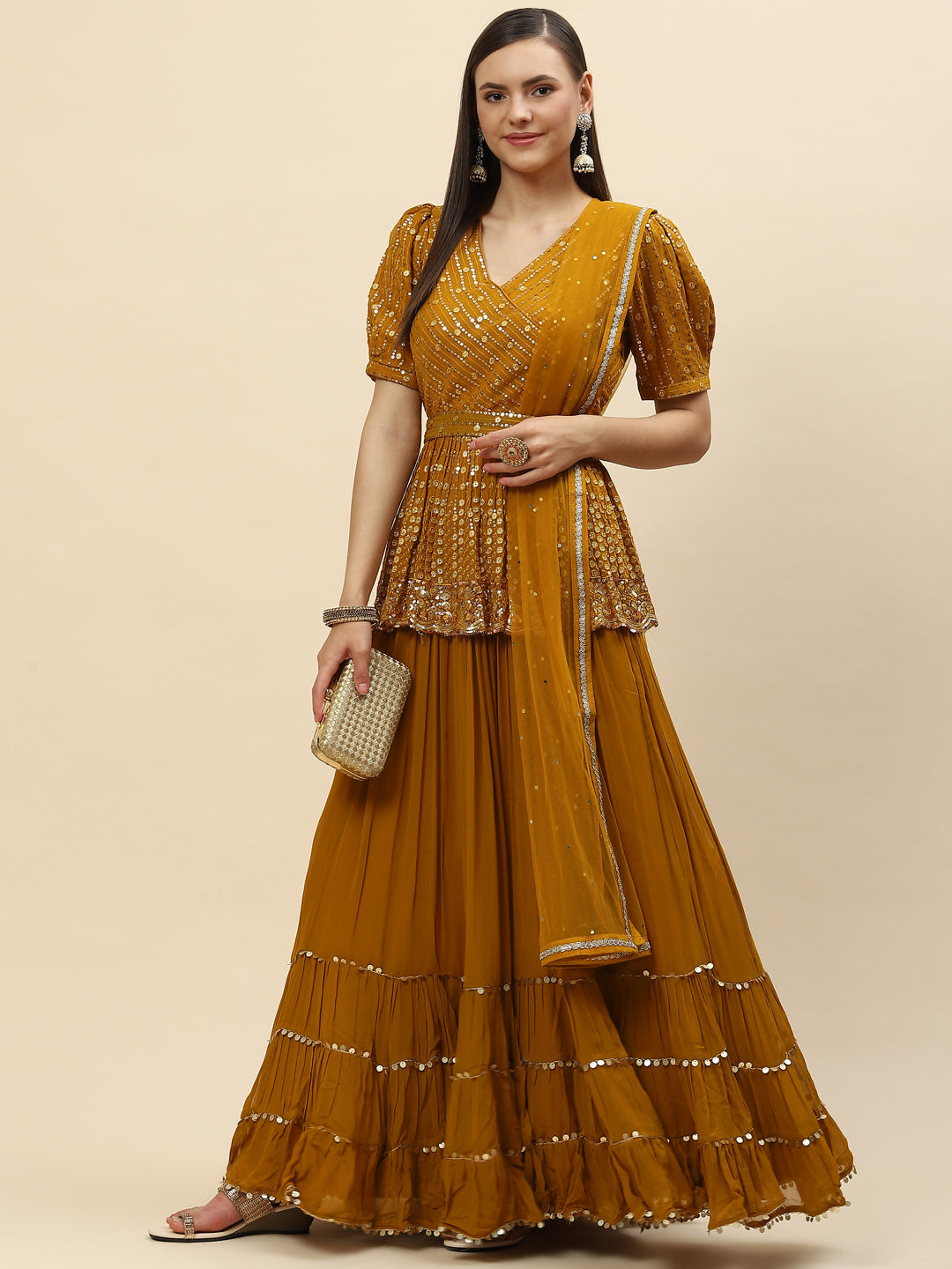 Sequin Embroidered Georgette Peplum Choli With Lehenga &amp; Dupatta