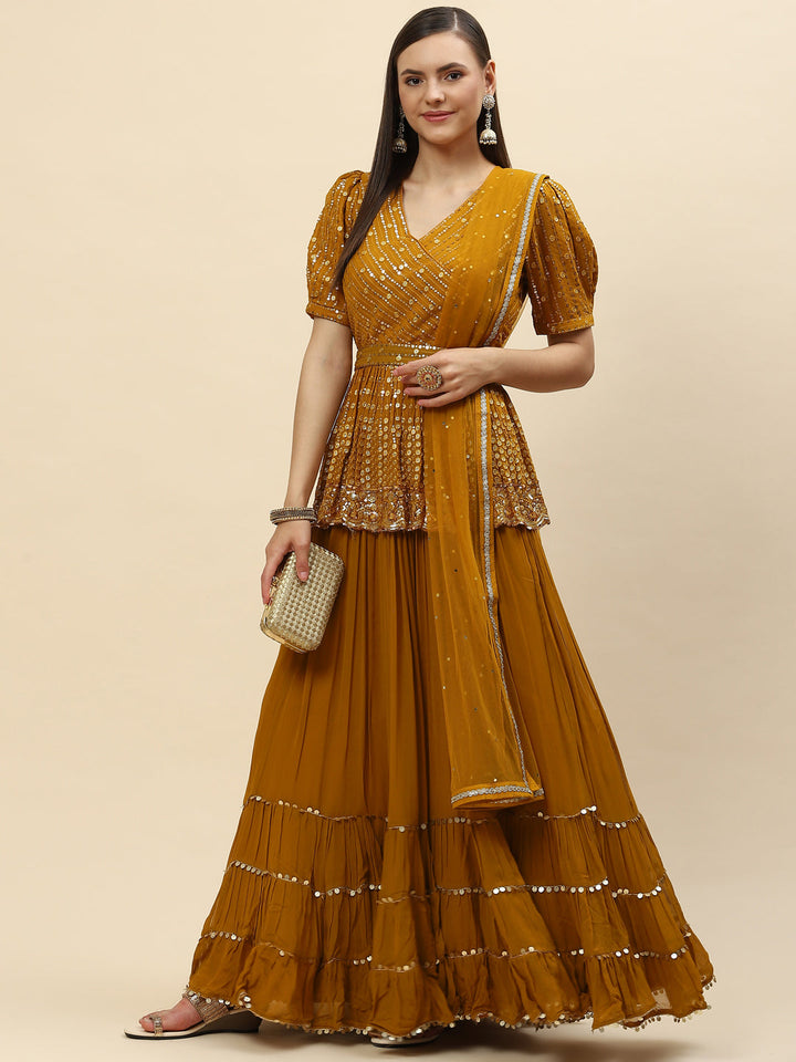 Sequin Embroidered Georgette Peplum Choli With Lehenga &amp; Dupatta