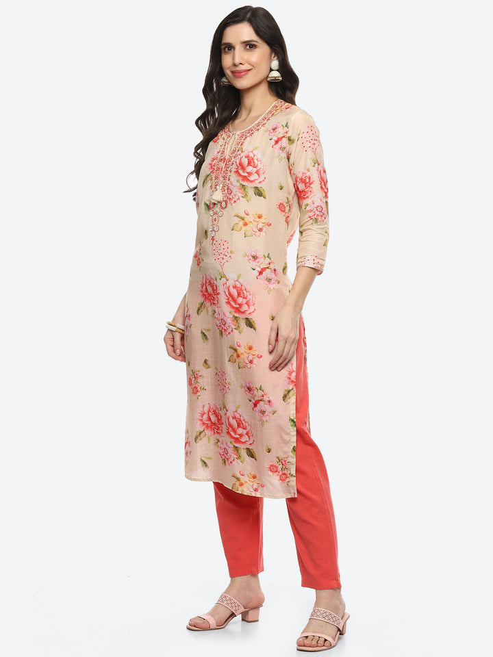 Sequin Work Yoke Printed Muslin Kurta