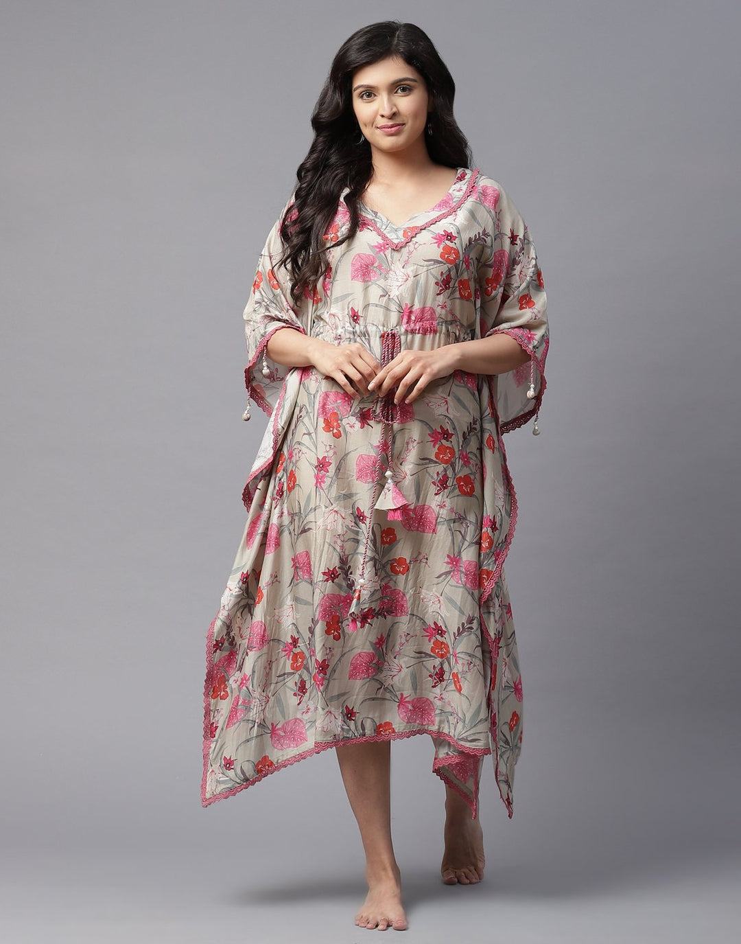 Floral Print Kaftan with Lace Detail