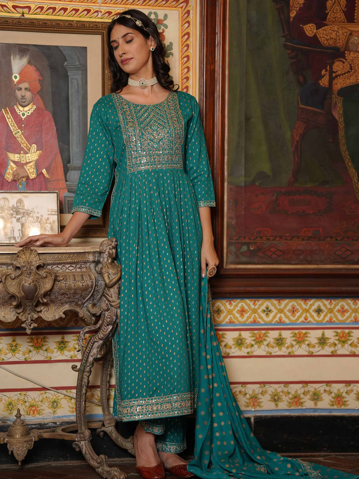 Neck Embroidered Cotton Kurta With Palazzo &amp; Dupatta