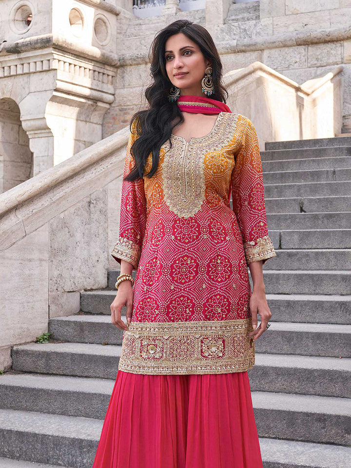 Embroidered Shimmer Kurti With Plazzo &amp; Dupatta
