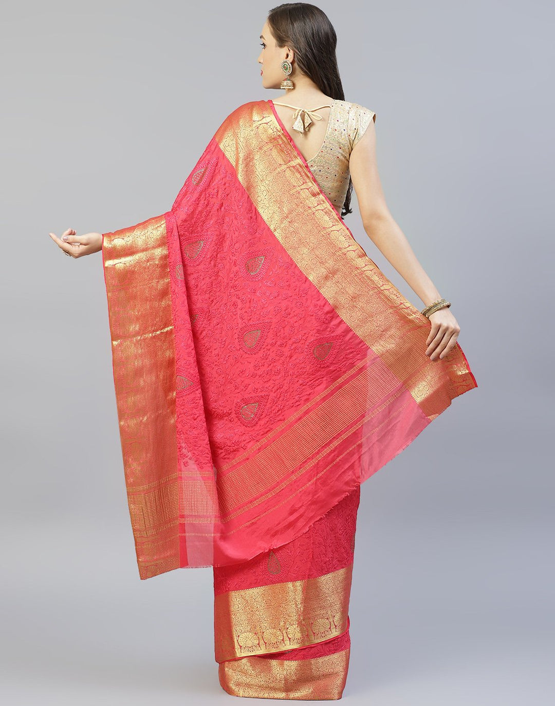 All Over Thread Work Semi Crepe Saree With Zari Border