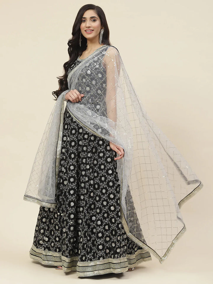 Sequin Embroidered Georgette Kurta With Dupatta