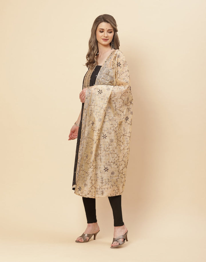 Embroidered Cotton Suit Piece With Embroidered Chanderi Dupatta