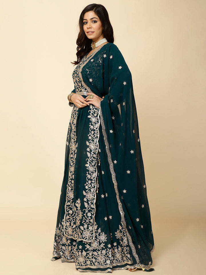Resham Embroidery Georgette Kurta With Lehenga &amp; Dupatta