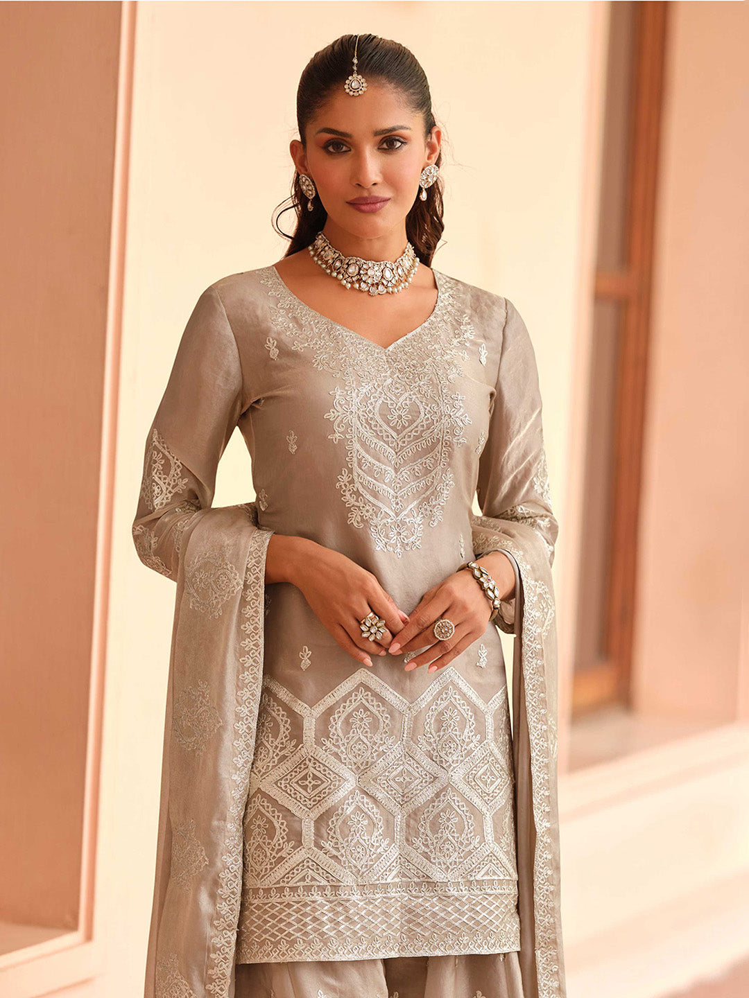 Embroidered Tora Silk Kurti With Gharara &amp; Dupatta