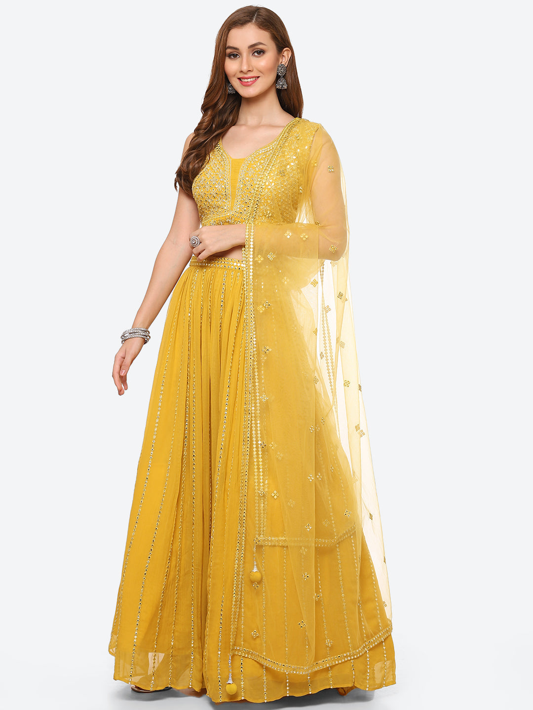 Mirror Work Georgette Choli With Laacha &amp; Net Dupatta