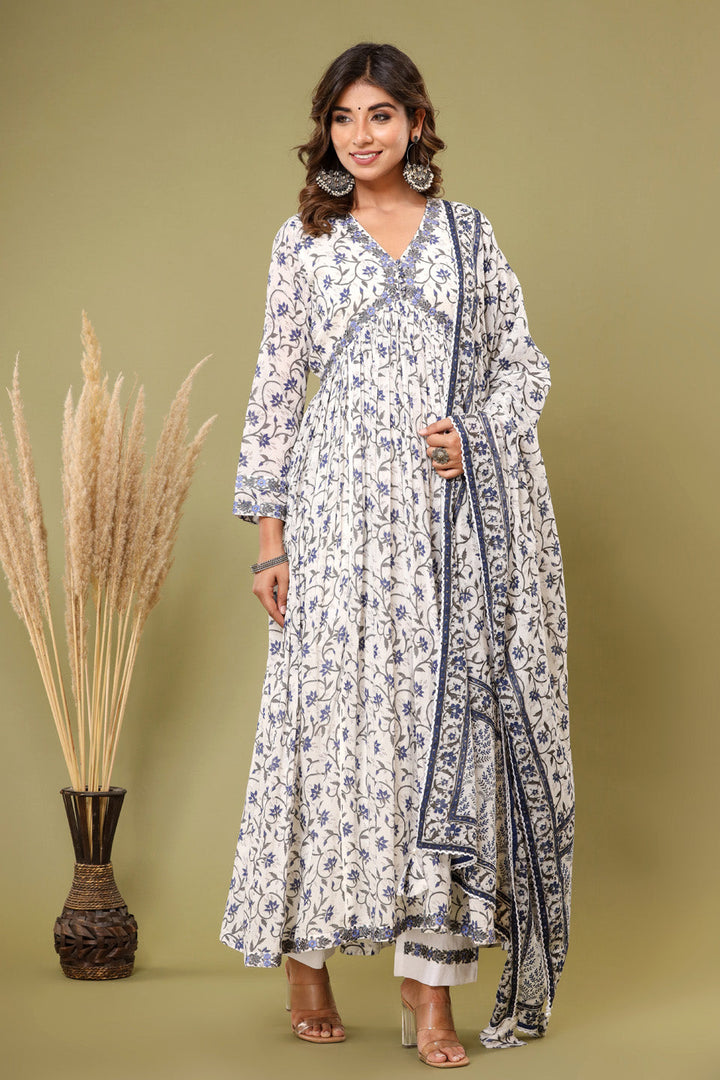 Printed Cotton Kurta With Pants &amp; Dupatta