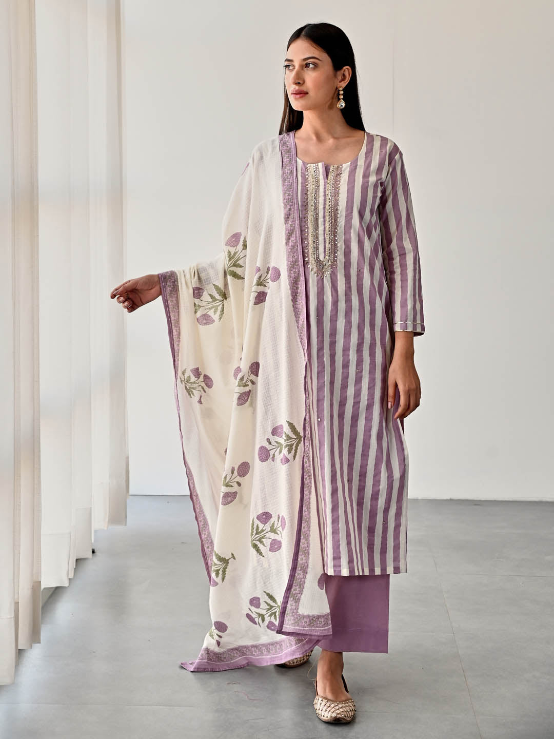 Printed Cotton Kurta With Pants &amp; Dupatta