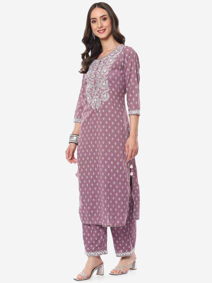 Resham Work Printed Cotton Kurta With Palazzo